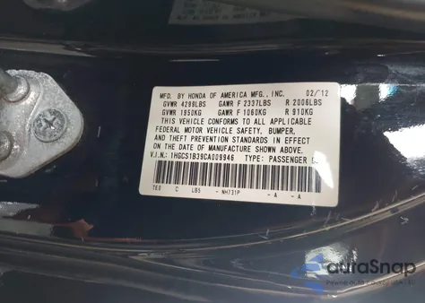 2012 Honda Accord 2.4 Lx-S z USA, uszkodzony, nr VIN 1HGCS1B39CA009946